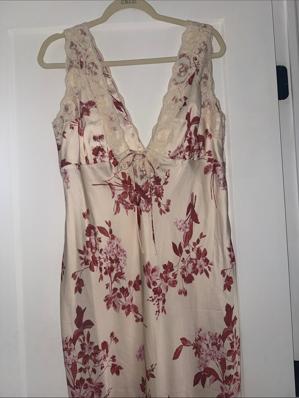 Floral Lace-Trim Satin Maxi Dress - Cream with Dusty Rose Floral